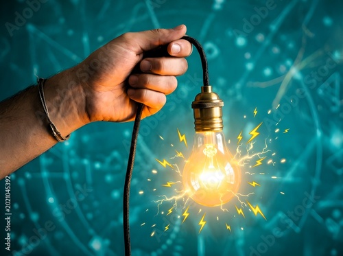 Hand holding a glowing light bulb with electric sparks and energy concept