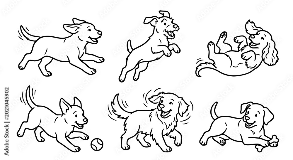 Fototapeta premium Playful puppy outline illustrations set baby dog linear vector animals collection
