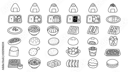Japanese konbini food icon set vector, hand drawn line art of onigiri, bento, curry rice, sandwiches, ramen, oden, gyoza and desserts for menu, sticker, packaging, infographic design elements art set.