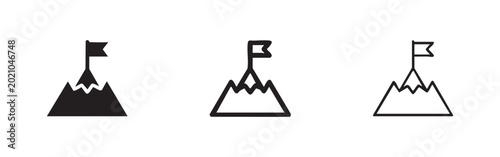 Foto Mountain peak with flag icon set, symbolizing achievement, success, and reaching
