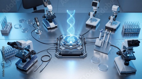 Top View Of Lab Desk With DNA Hologram