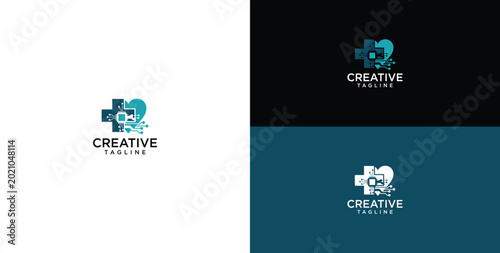 Modern abstract logo design featuring a stylized medical cross intertwined with a loving heart and connecting elements, symbolizing innovative 