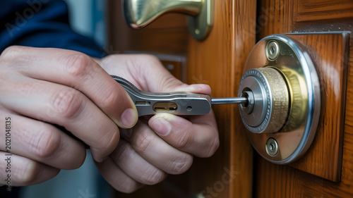 A person using a tool to unlock a wooden door with a brass handle