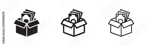 Foto Set of three icons of money in a box, solid, outline and filled outline styles