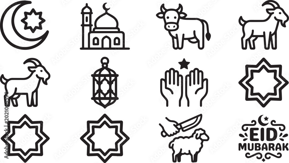 Fototapeta premium Eid al-Adha and Islamic Festival Icon Set - Qurbani Cow, Sacrifice Goat, Mosque, and Mubarak Greetings - Minimalist Bold Outline Illustration
