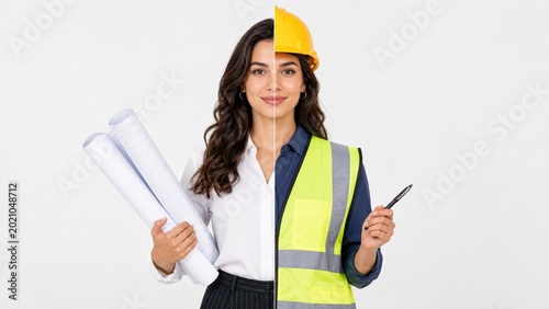 Young female professional showcases career versatility through a split portrait depicting her dual roles as architect holding blueprints and engineer in safety gear