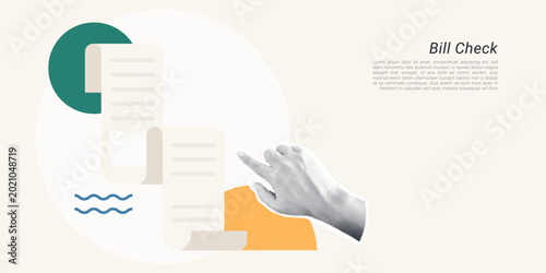 Trendy Halftone Collage of a halftone hand pointing at an invoice document with stamp and text lines, symbolizing bill check and payment verification, ideal for finance and accounting content.