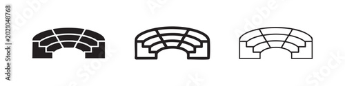 Fotografía Three icons of an amphitheater or stadium seating, in solid, outlined, and hand-drawn styles, representing venue or audience