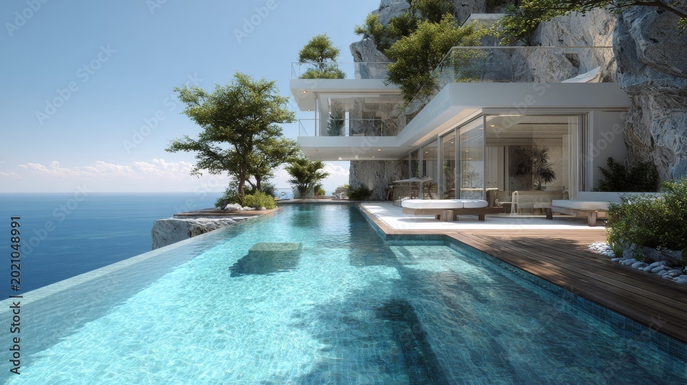 Fototapeta premium Modern cliffside luxury residence with infinity pool and panoramic ocean view. Features glass walls and open-air decks