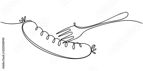 Photos Minimalist one-line drawing of hot dog on fork with steam
