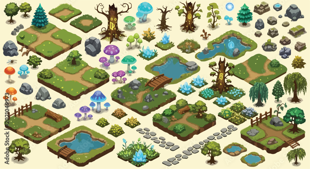 Fototapeta premium Isometric fantasy game map constructor kit, 2D game assets with forest tiles and magic mushrooms, colorful nature environment elements for RPG world building