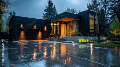 Modern, minimalist house with dark wood siding, illuminated entrance, and wet pavement reflecting lights. Trees frame the scene
