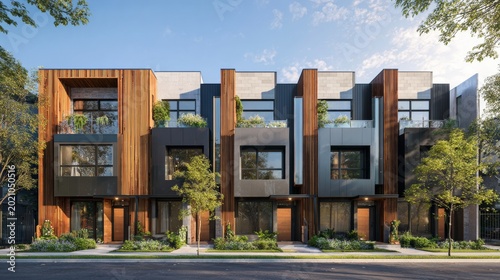 Modern architectural facade of townhouses featuring wooden and dark metal accents, balconies, and manicured landscaping under a blue sky