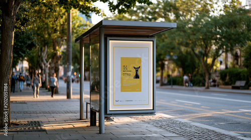 Bus stop advertising shelter on a tree-lined urban boulevard, oversized poster inside the backlit panel showing a bold seasonal campaign, pedestrians blurred past in warm afternoon haze, outdoor adv