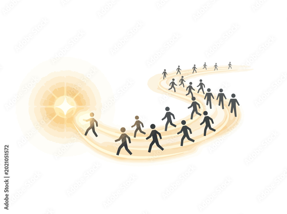 Fototapeta premium A group of stylized figures following a path towards a bright, glowing star, symbolizing leadership, guidance, and aspiration