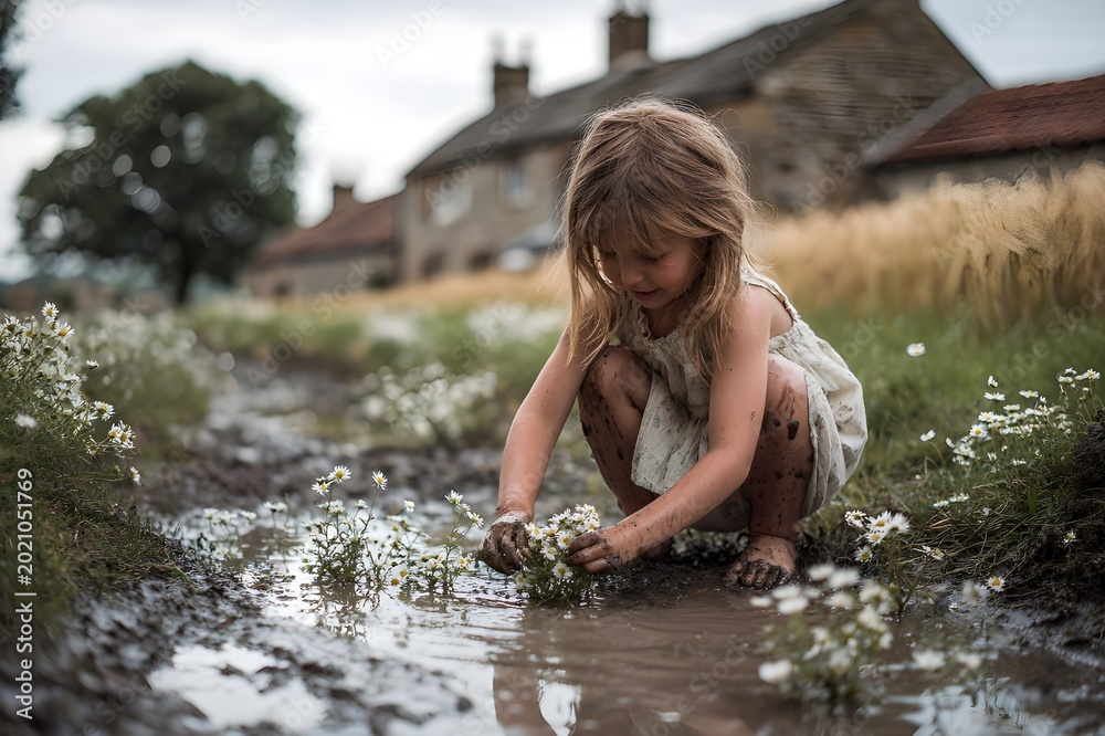 Fototapeta premium A little girl in a thin summer dress kneels on the edge of a muddy puddle, her hands forming small mud cakes, carefully decorating small white flowers and surrounded by white butterflies