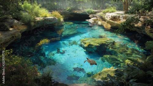 A tranquil turquoise cenote surrounded by lush greenery, sunlight dappling the clear water. Turtles swim freely