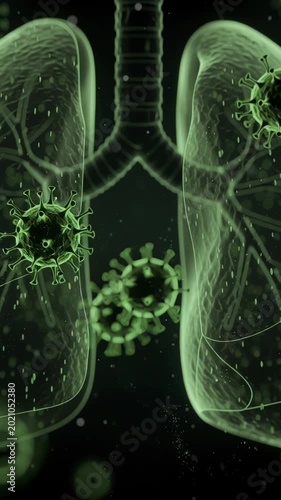 Digital illustration of lungs infected with virus particles showing respiratory infection.