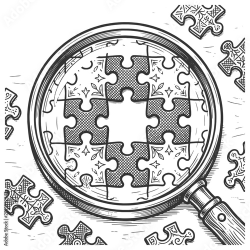 magnifying glass examining a puzzle with one missing piece, symbolizing search and problem solving sketch engraving generative ai vector illustration. Scratch board imitation. Black and white image.