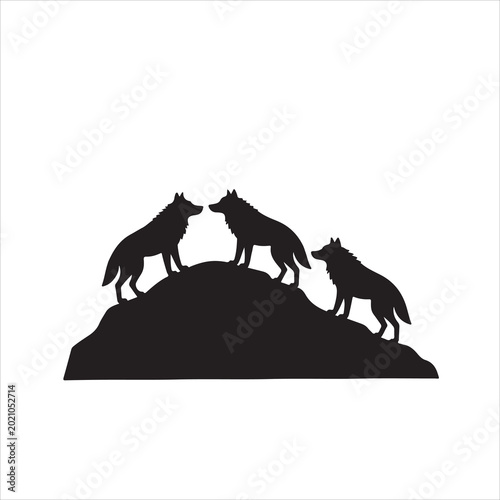 Fotografia Three wolves on a hill wolf pack mountain black silhouette