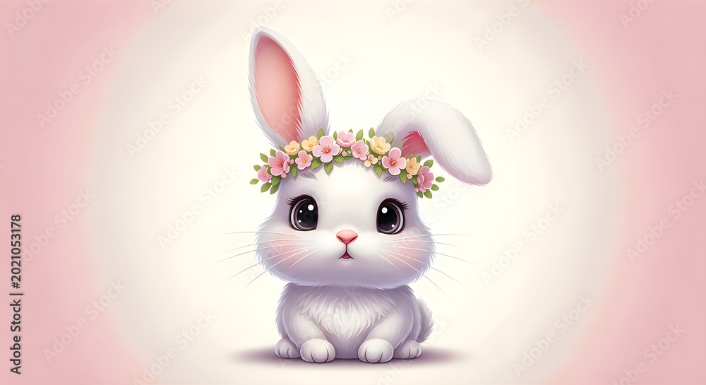 Fototapeta premium Chibi bunny with floral crown digital illustration for easter designs