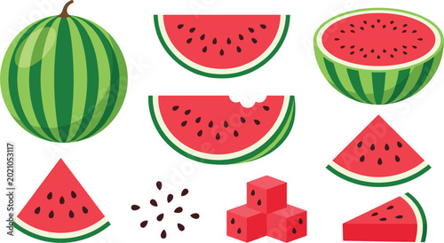 фотографія . The collection includes a whole watermelon, sliced watermelon halves, triangul