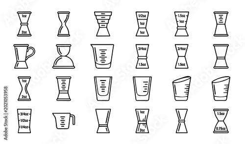 Jigger Measuring Tools Icons Grid: Minimalist Outline Illustrations for Mixology, Bartending Equipment, Beverage Crafting, and Precision Pouring Symbols