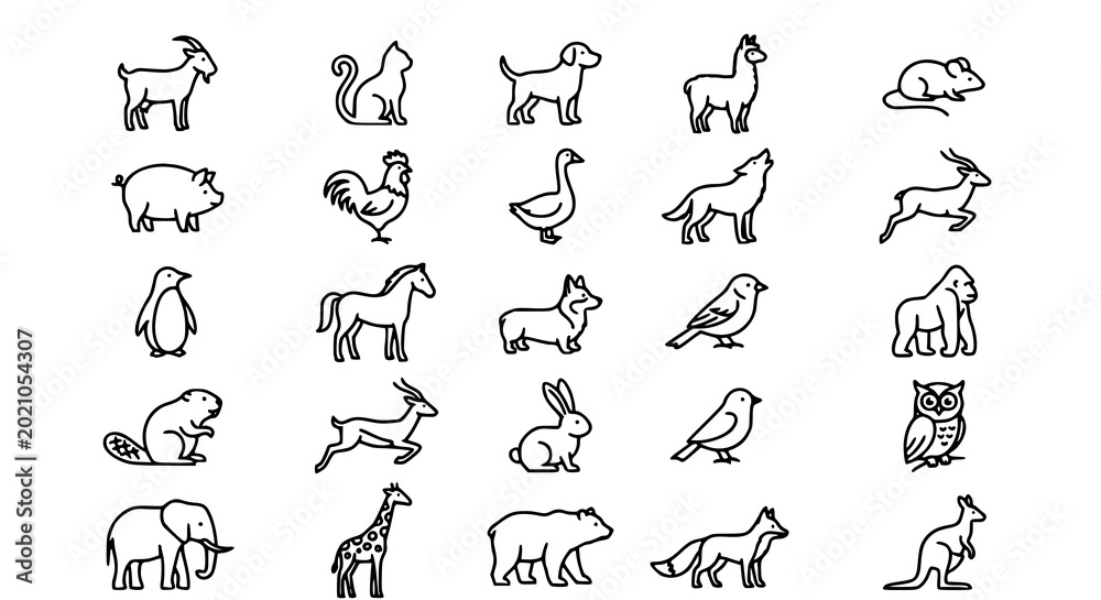 Fototapeta premium Animal line art set minimalist outline zoo and farm animals vector collection