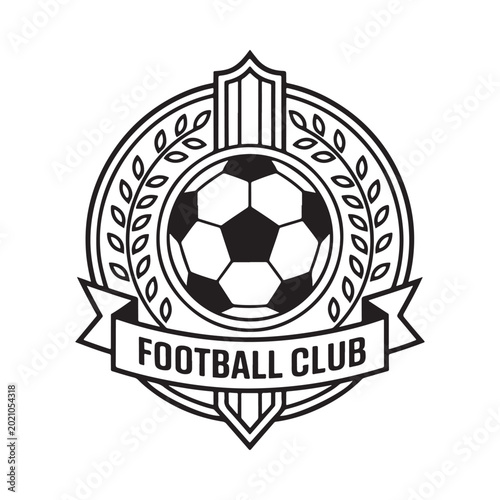 Football club emblem with soccer ball black and white line art