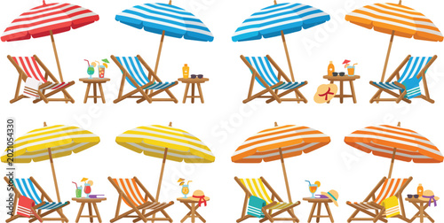 Colorful summer beach chairs with striped umbrellas and tropical drinks set for vacation holiday design