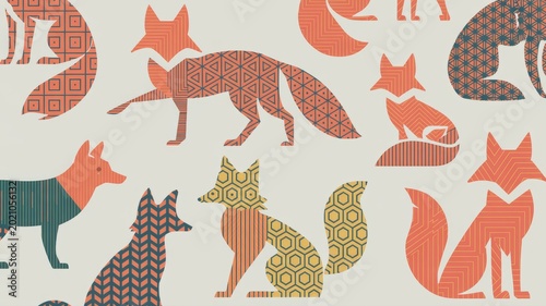 Whimsical fox pattern with playful geometric textures in warm earthy tones.