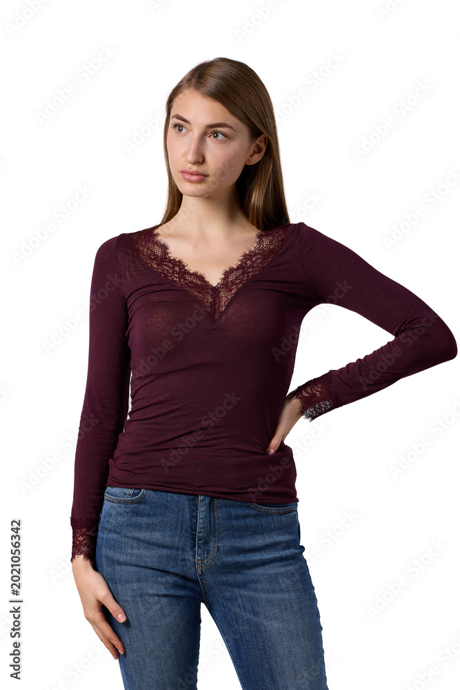 Obraz premium Slavic woman in burgundy lace top and jeans