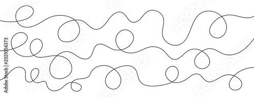 Continuous line squiggle illustration with curved cable shapes. Circular doodle elements and minimalist hand-drawn outlines.