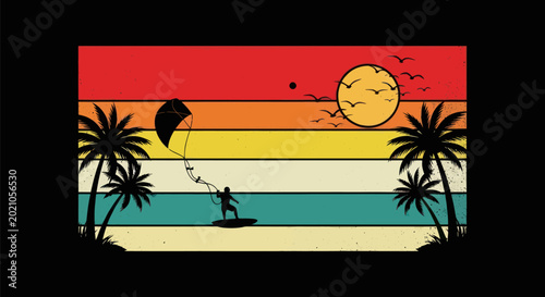 Sunset beach scene with kite surfing