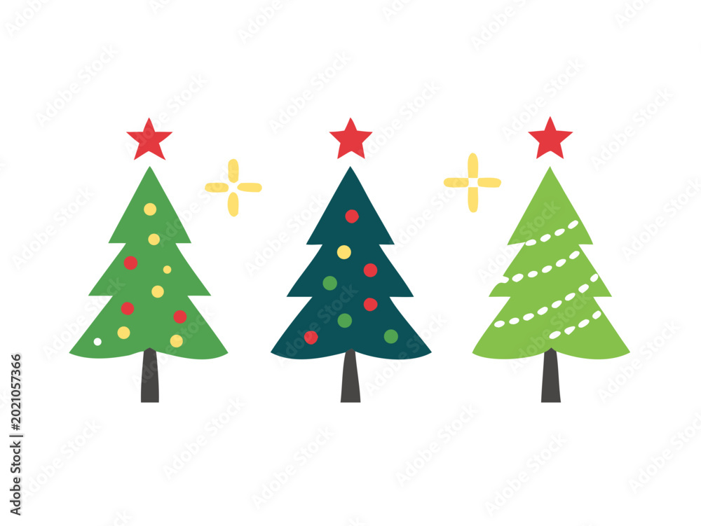 Obraz premium Three decorated christmas trees with star ornaments and snowflakes Vector