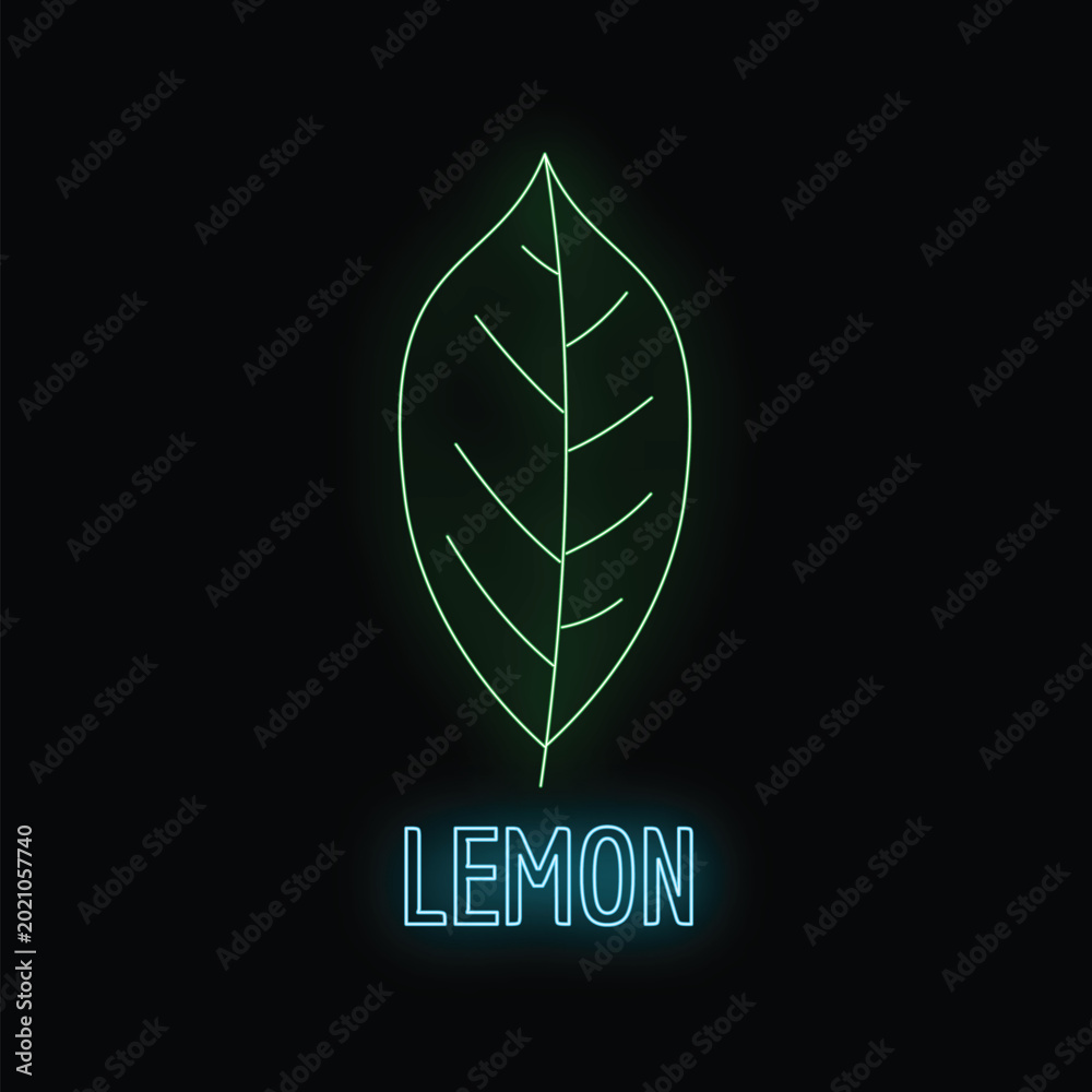Fototapeta premium Green neon leaf icon with blue neon lemon text on black background