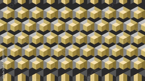 Geometric illusion of golden and gray cubes creating a repeating pattern with depth