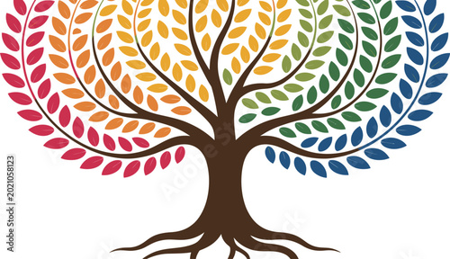 Colorful Tree of Life: A vibrant illustration showcasing a majestic tree with colorful foliage and intertwining branches, symbolizing growth, harmony, and interconnectedness.