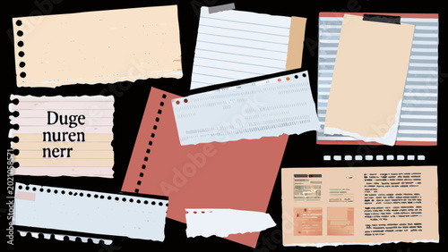 Photos scattered torn paper pieces with text and lined paper on a black background