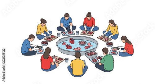 Group of people sitting in a circle preparing fresh meat in a communal setting for food processing or traditional culinary preparation activity