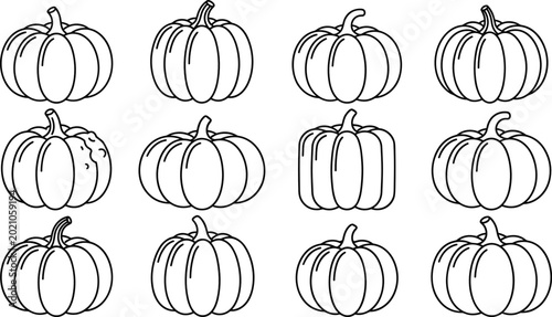 Pumpkin outline icon collection with hand drawn autumn harvest squash illustrations isolated black and white vector design set