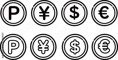いろんなコインのお金セット　ベクター（モノクロ）