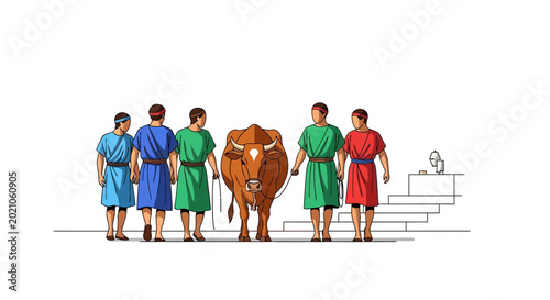 Ancient People Walking Together Leading A Brown Bull Toward A Stone Staircase Structure In A Historical Setting For Educational Purposes