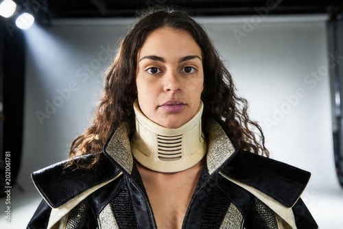 Woman wearing a cervical collar and a black and gold costume with serious expression