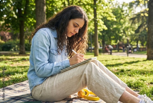 Young woman writing in a notebook, concentrating on her work outdoors in a park
