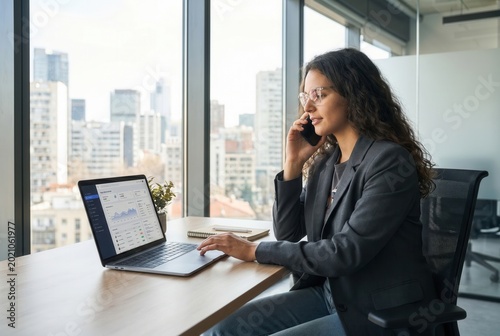 Businesswoman managing tasks with laptop and smartphone in a modern office with city view