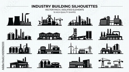 Schilderij op canvas Collection of Industrial Building Silhouettes Vector Illustration