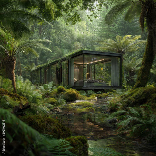 Glass House in Forest: A modern glass house nestled in a lush, verdant forest, showcasing the harmonious blend of architecture and nature. It embodies tranquility and sustainable living.