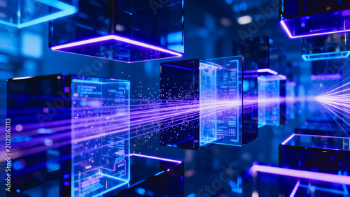 This 3D rendered visualization shows glowing neon data cubes in a dark digital data center, with light beams transmitting information across the network.