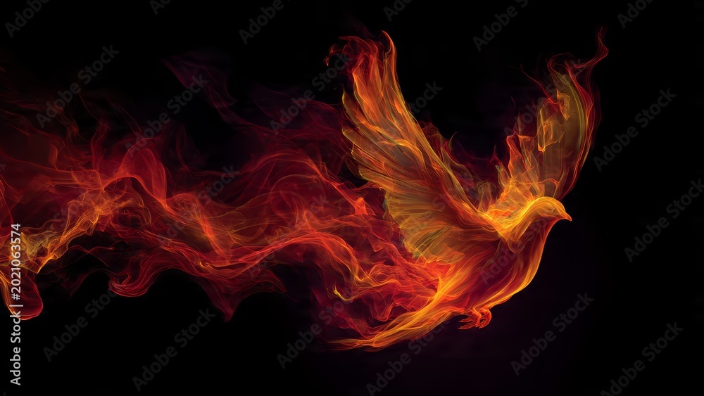 Fototapeta premium Vibrant glowing bird silhouette created from intense orange and red smoke and fire against darkness